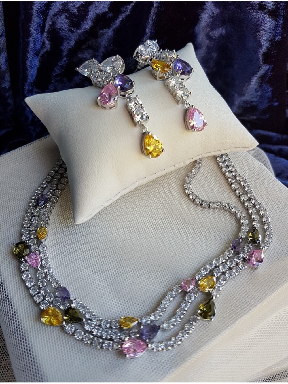 Swarovski Elements Teardrop Pink Purple & Yellow Gem Layered Necklace NEW - Picture 9 of 17